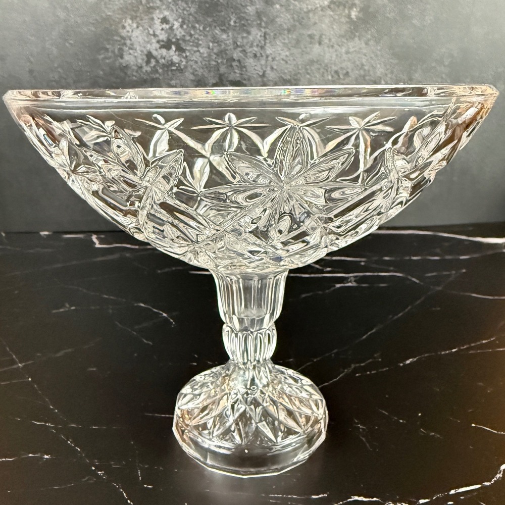 Bohemia Czech Crystal‎ Stars and Diamonds Cut Crystal Pedestal Footed Bowl 7"